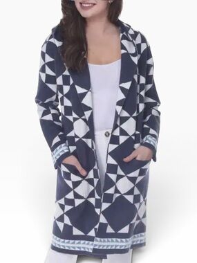 Oliver O Hooded Geometric Navy and White Sweater XL NWT